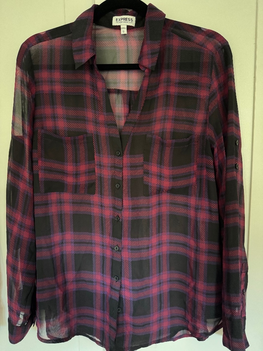 Express Portofino Shirt L Purple Burgundy Black Plaid Sheer Blouse